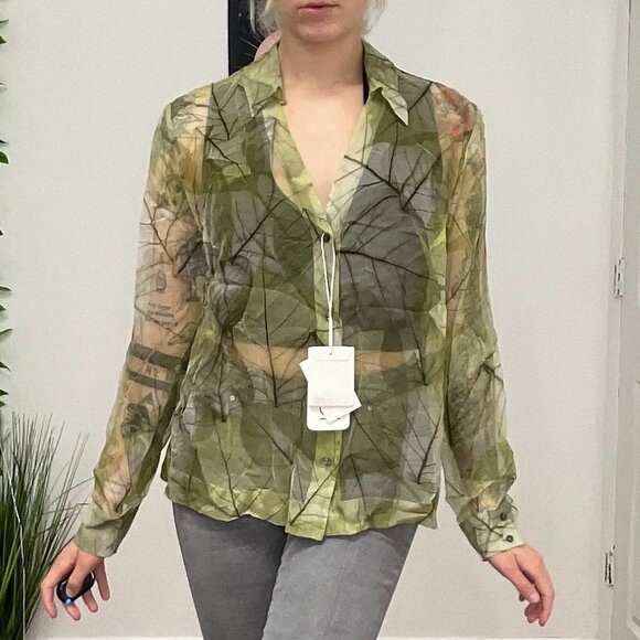 Laurel Escade Leaf Print Button-Up Sheer Blouse Long Sleeve Size L Green - Picture 1 of 9